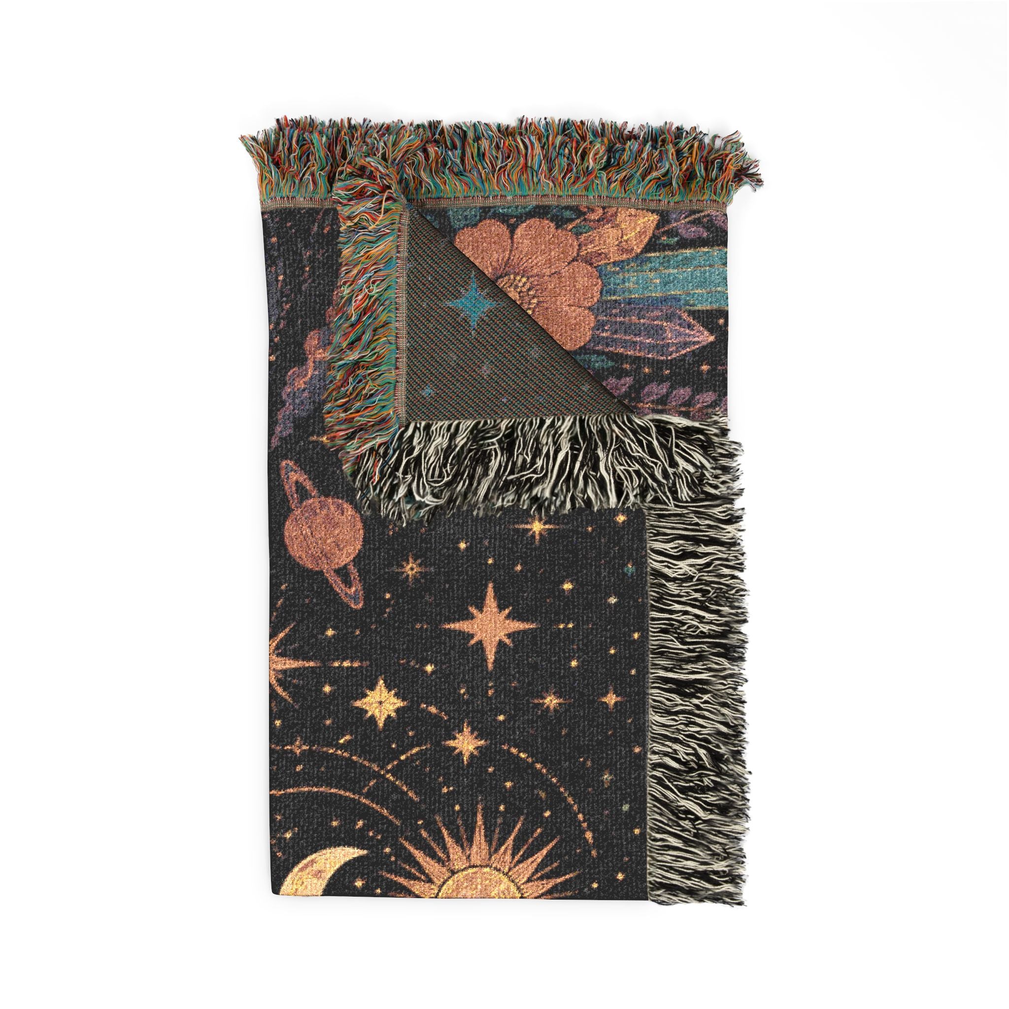 Celestial Moon Phases Woven Blanket | Sun, Stars & Floral Tapestry Throw