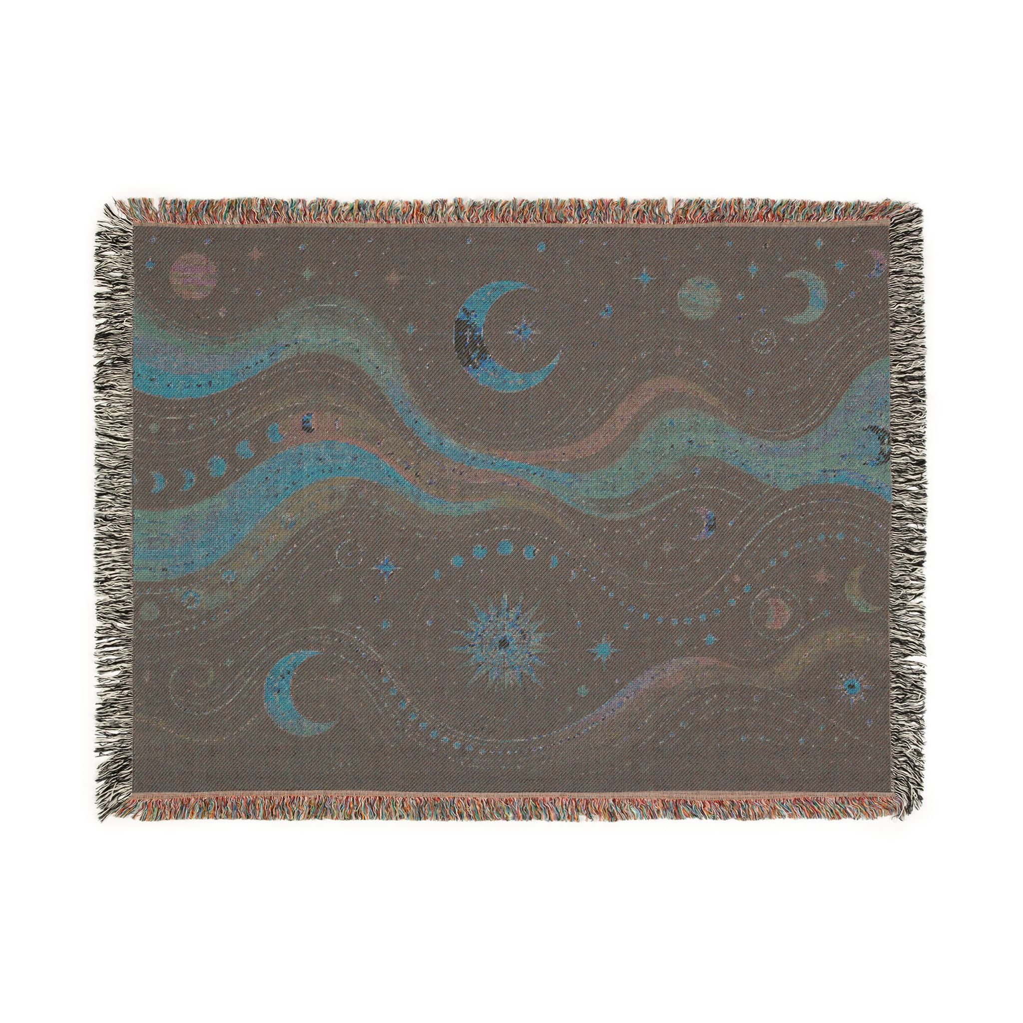 Celestial Waves Woven Blanket | Moon Stars Tapestry Throw