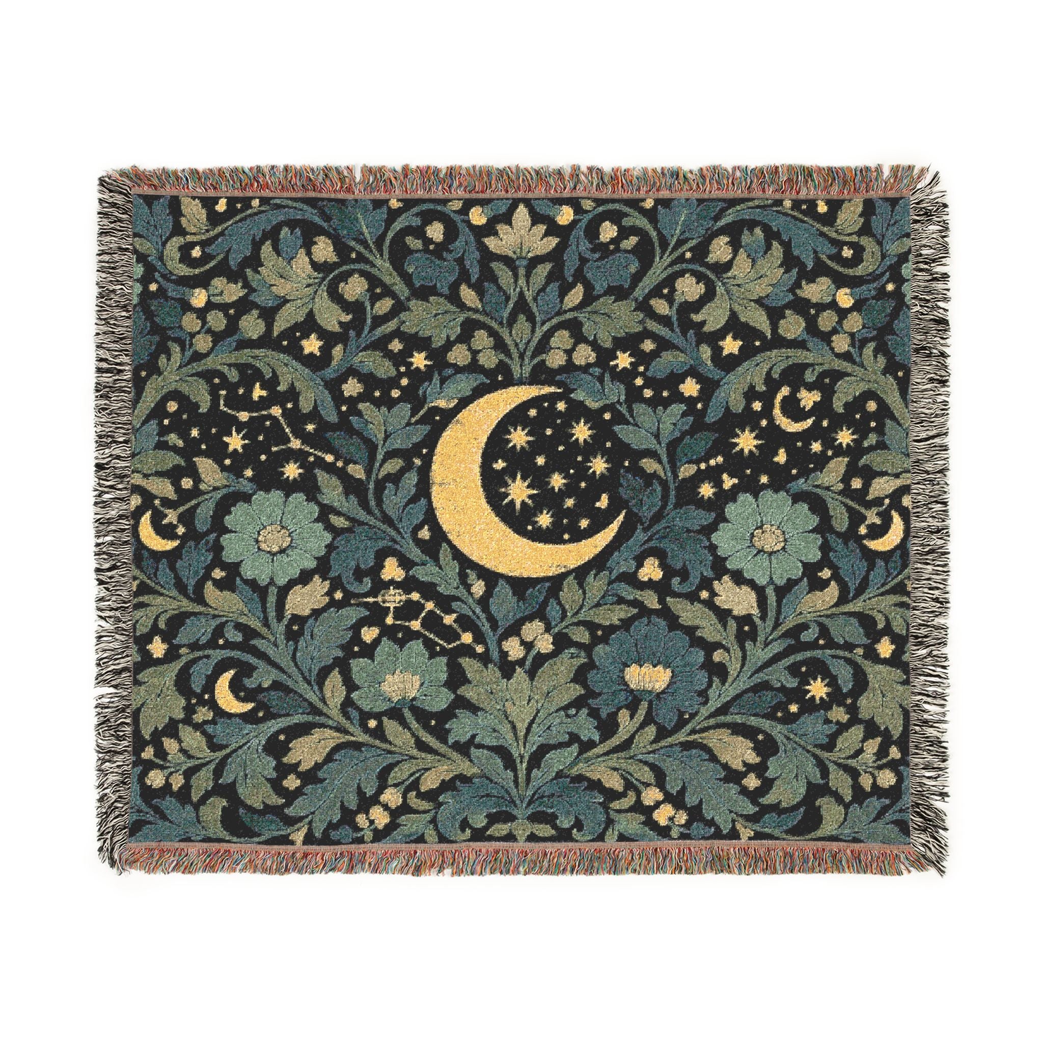 Crescent Moon Floral Woven Blanket | Starry Night Tapestry Throw