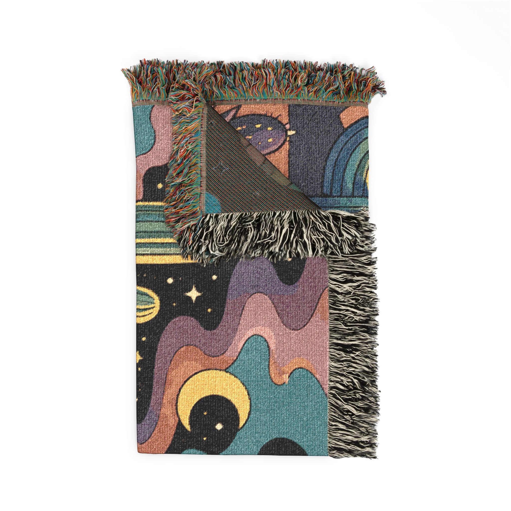 Desert Sunset Cosmic Landscape Woven Blanket | Southwestern Cactus Tapestry