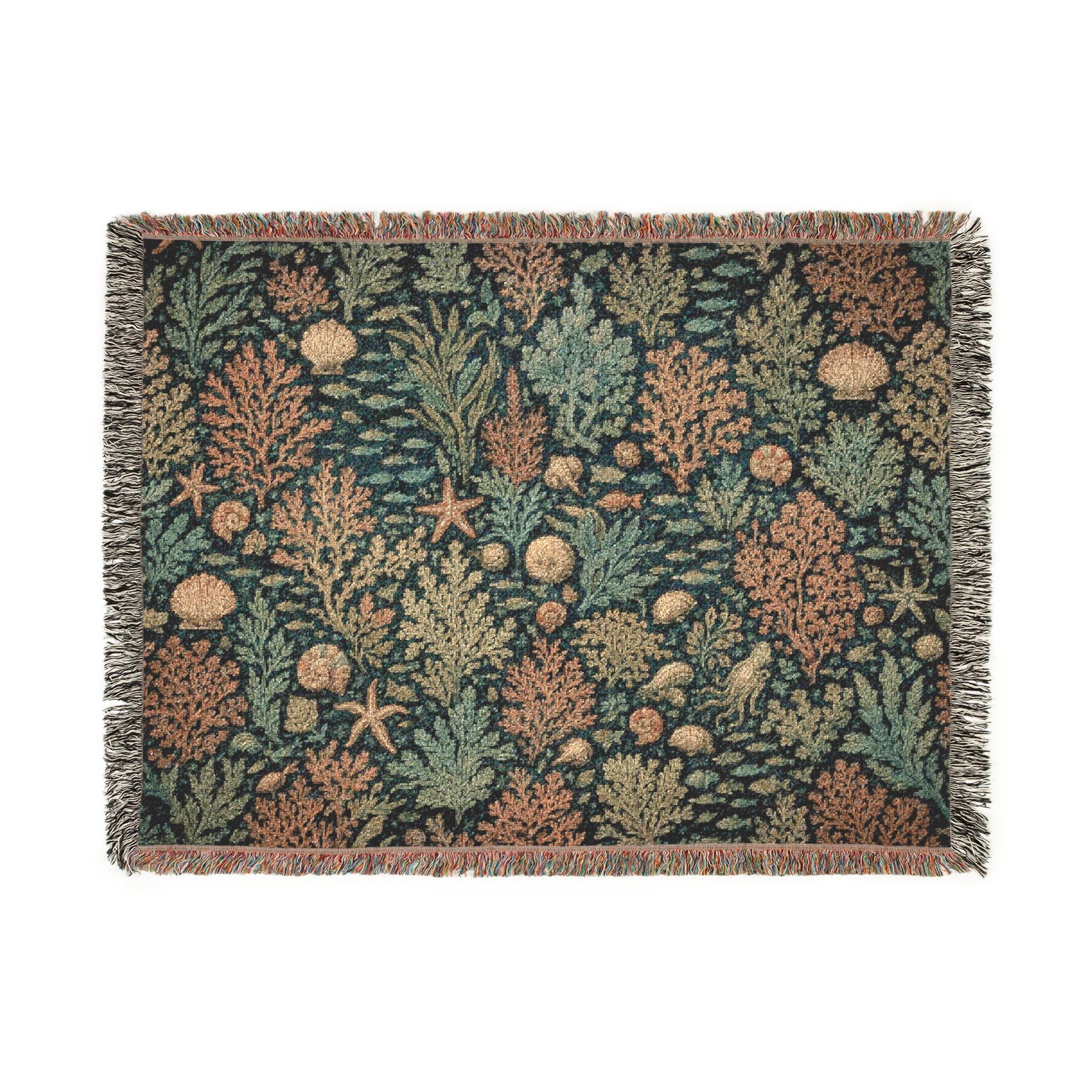 Vintage Sealife Floral Tapestry Woven Blanket | Botanical Throw, Earth Tones