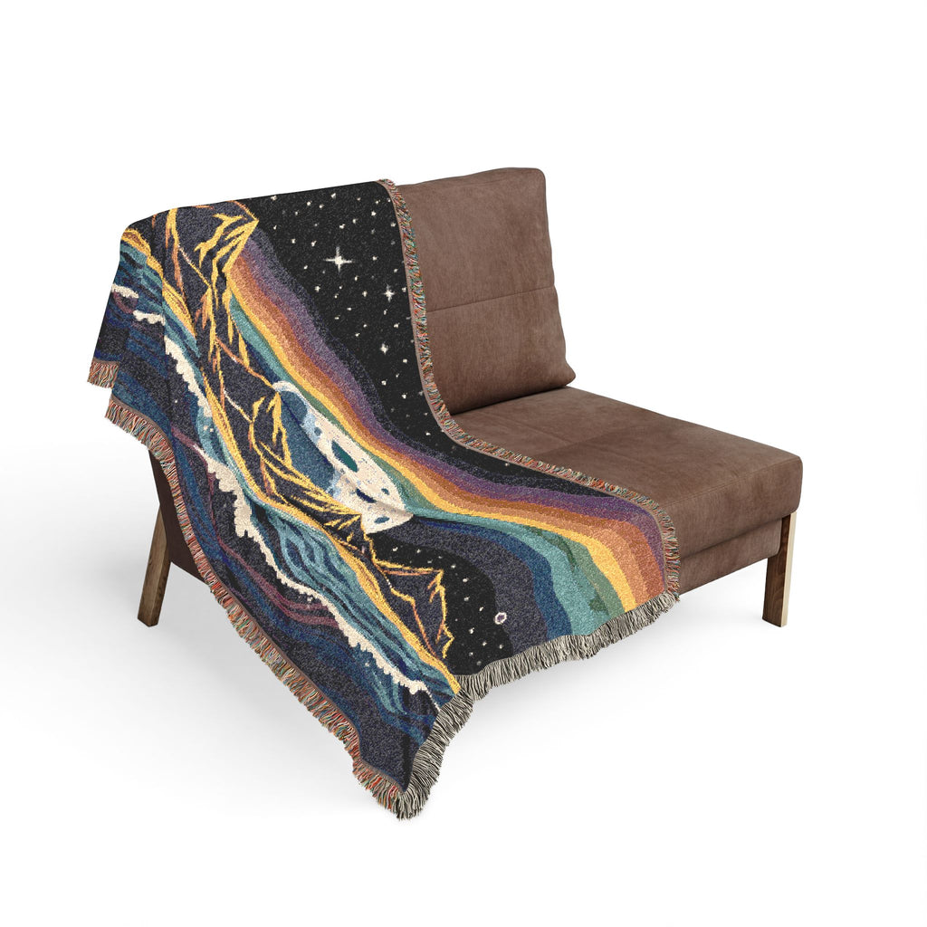Rainbow Moon Landscape Woven Blanket | Mountain Night Sky Tapestry