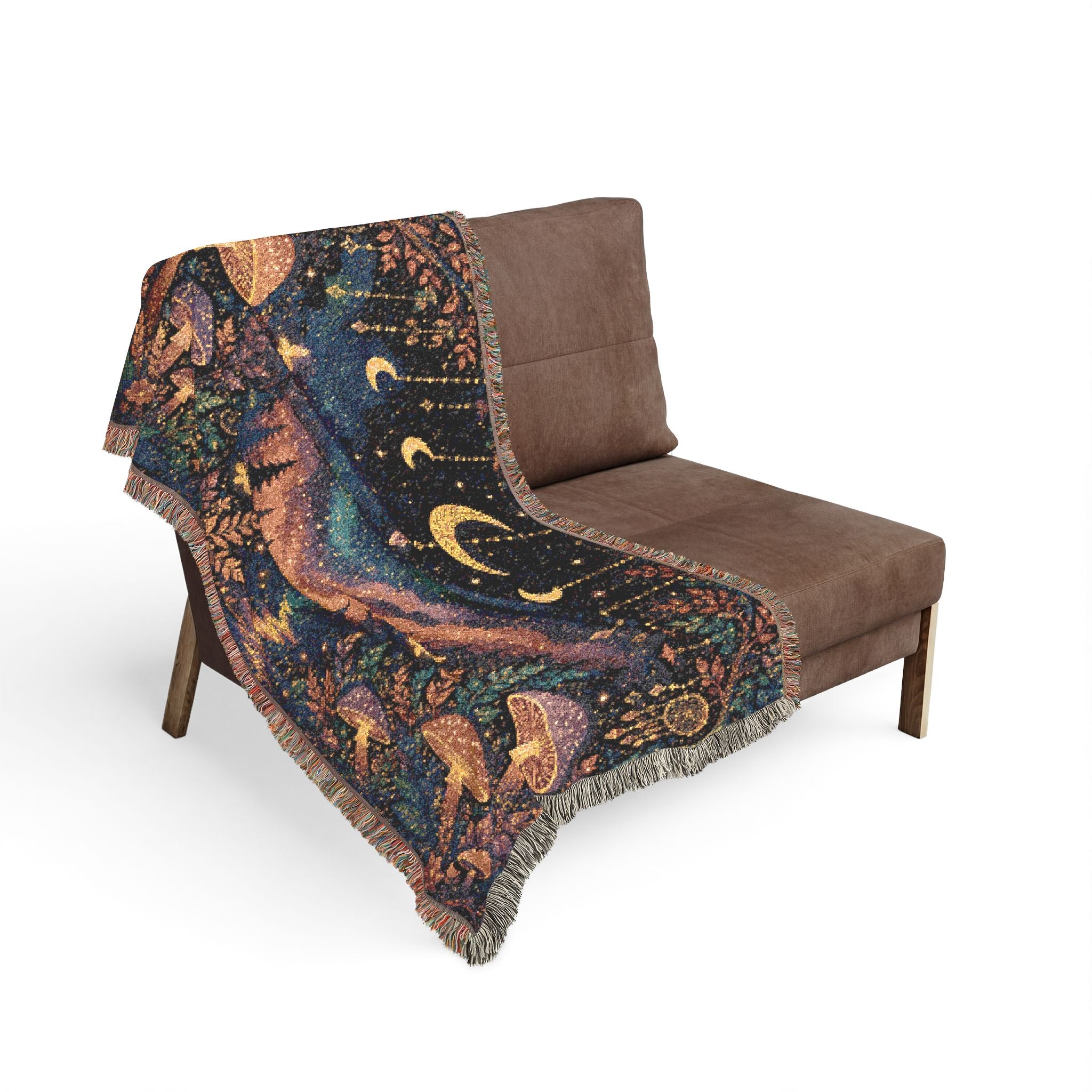 Moonlit Mushroom Forest Woven Blanket | Celestial Nightscape Tapestry