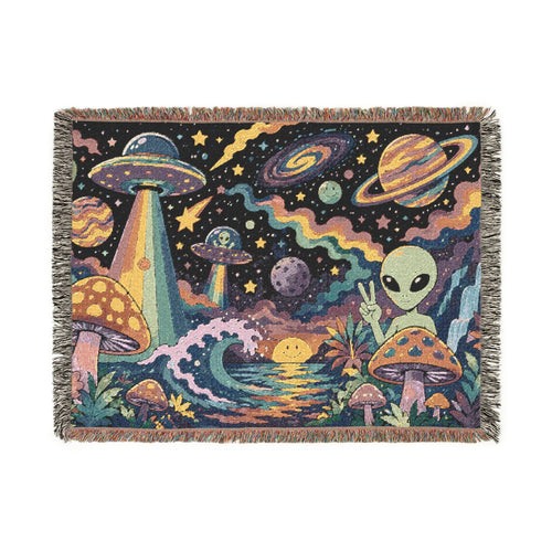 Psychedelic Alien Mushroom Scene Woven Tapestry Blanket