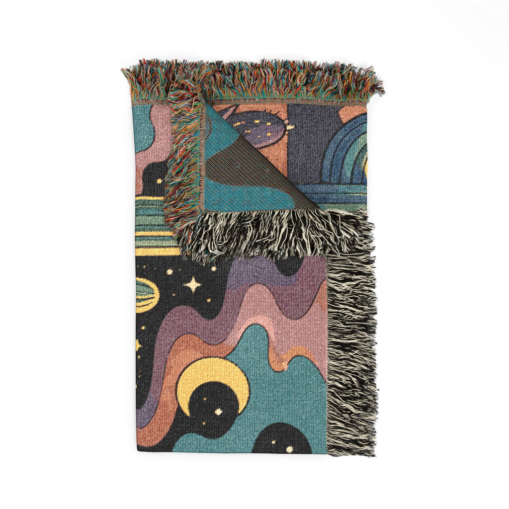 Desert Sunset Cosmic Landscape Woven Blanket | Southwestern Cactus Tapestry