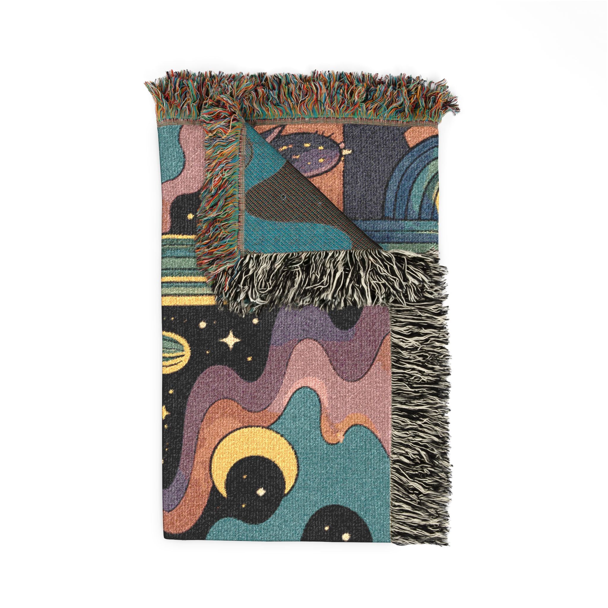 Desert Sunset Cosmic Landscape Woven Blanket | Southwestern Cactus Tapestry