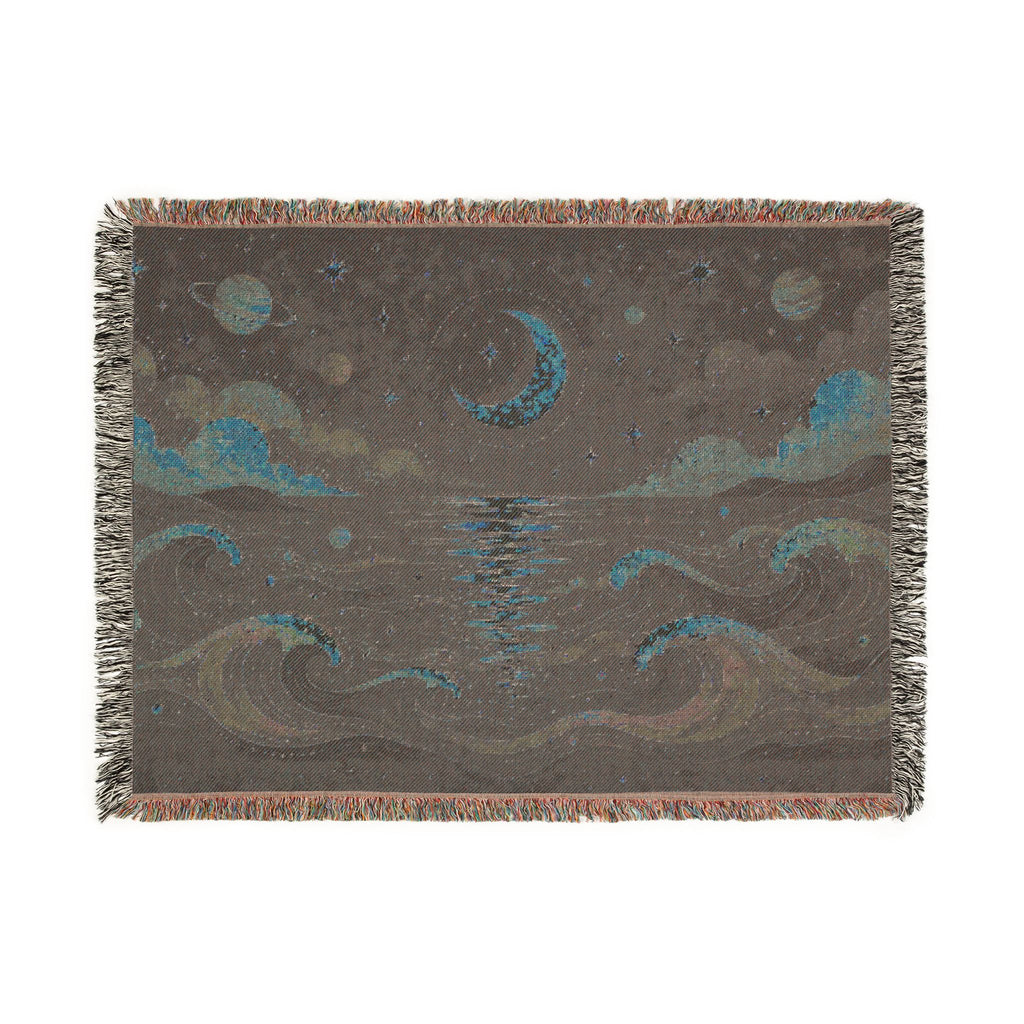 Crescent Moon Over Ocean Woven Blanket | Starry Night Tapestry Throw