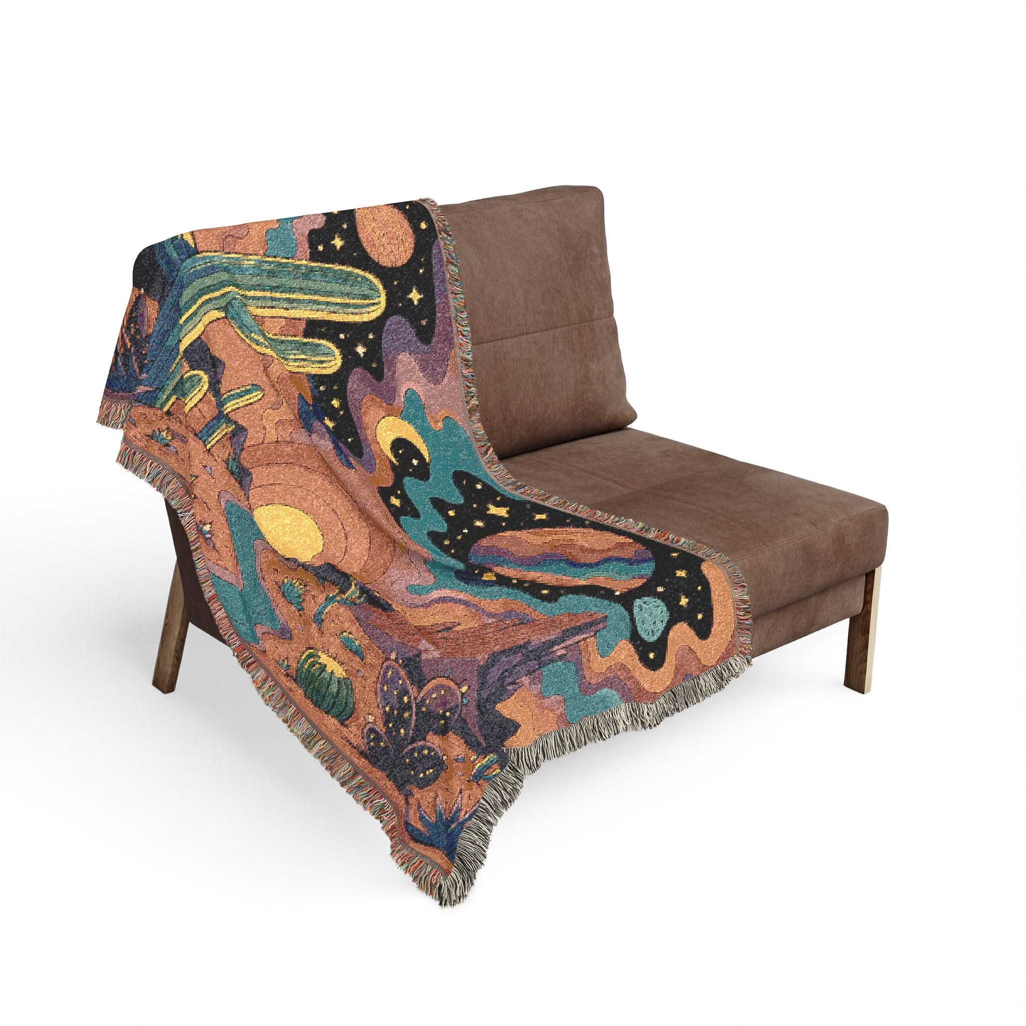 Desert Sunset Cosmic Landscape Woven Blanket | Southwestern Cactus Tapestry