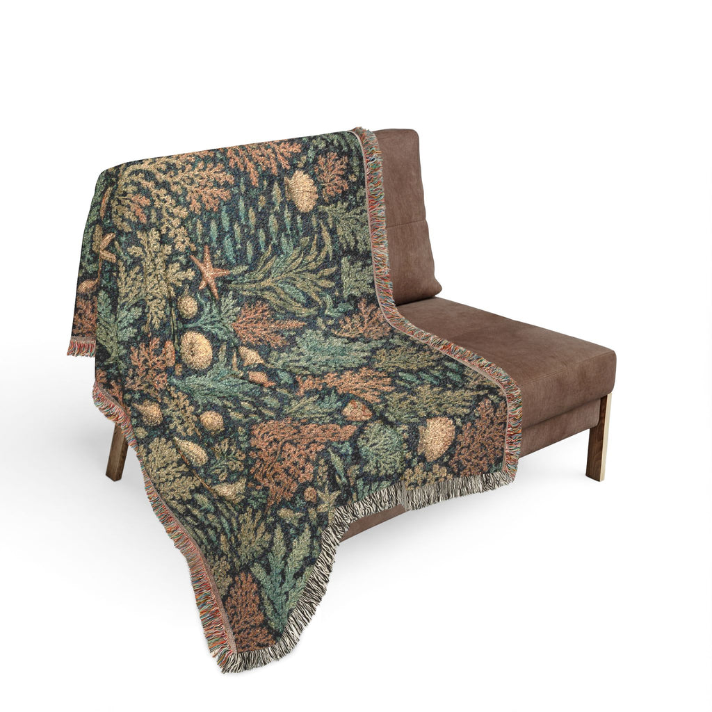 Vintage Sealife Floral Tapestry Woven Blanket | Botanical Throw, Earth Tones