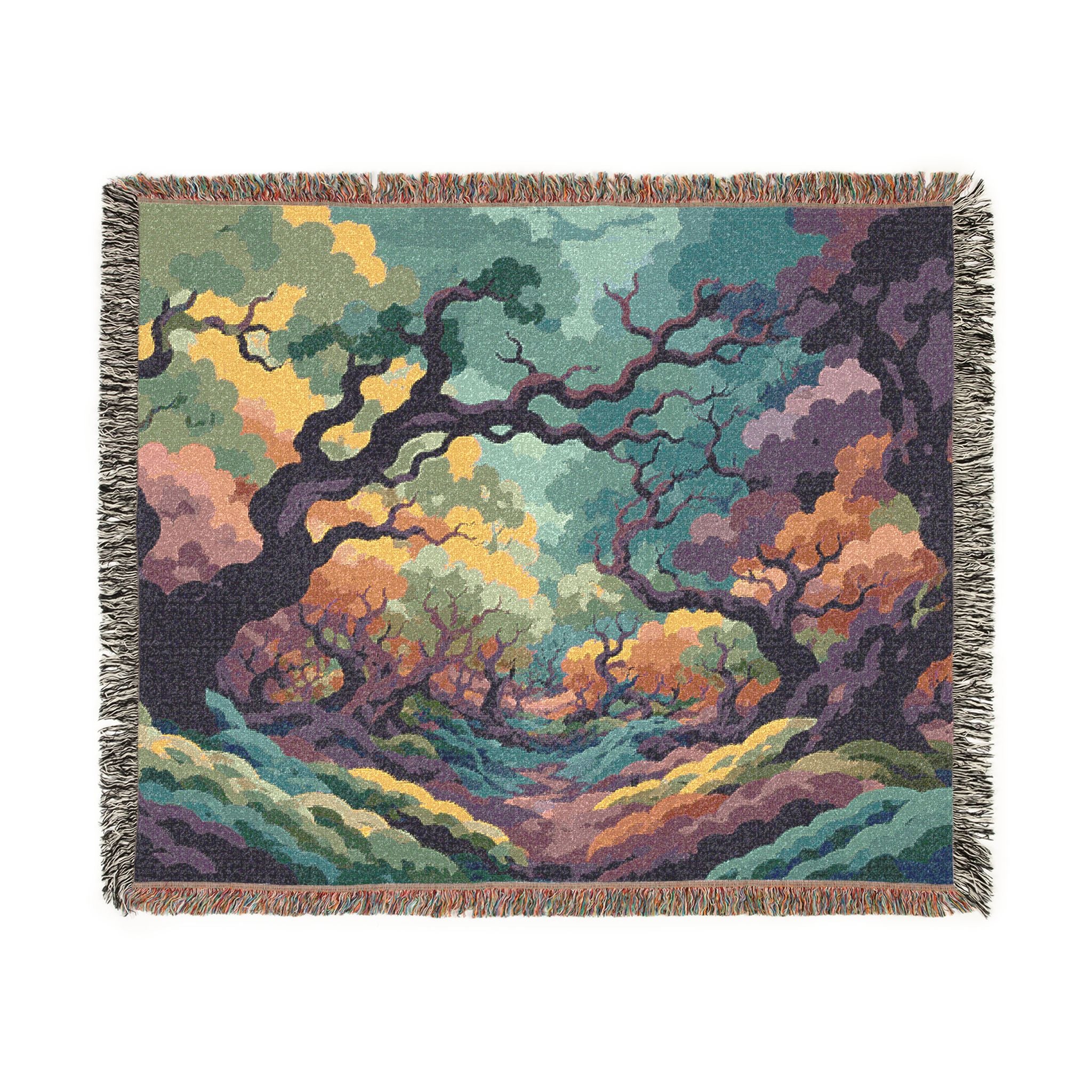 Enchanted Forest Tapestry Woven Blanket | Colorful Tree Canopy Throw