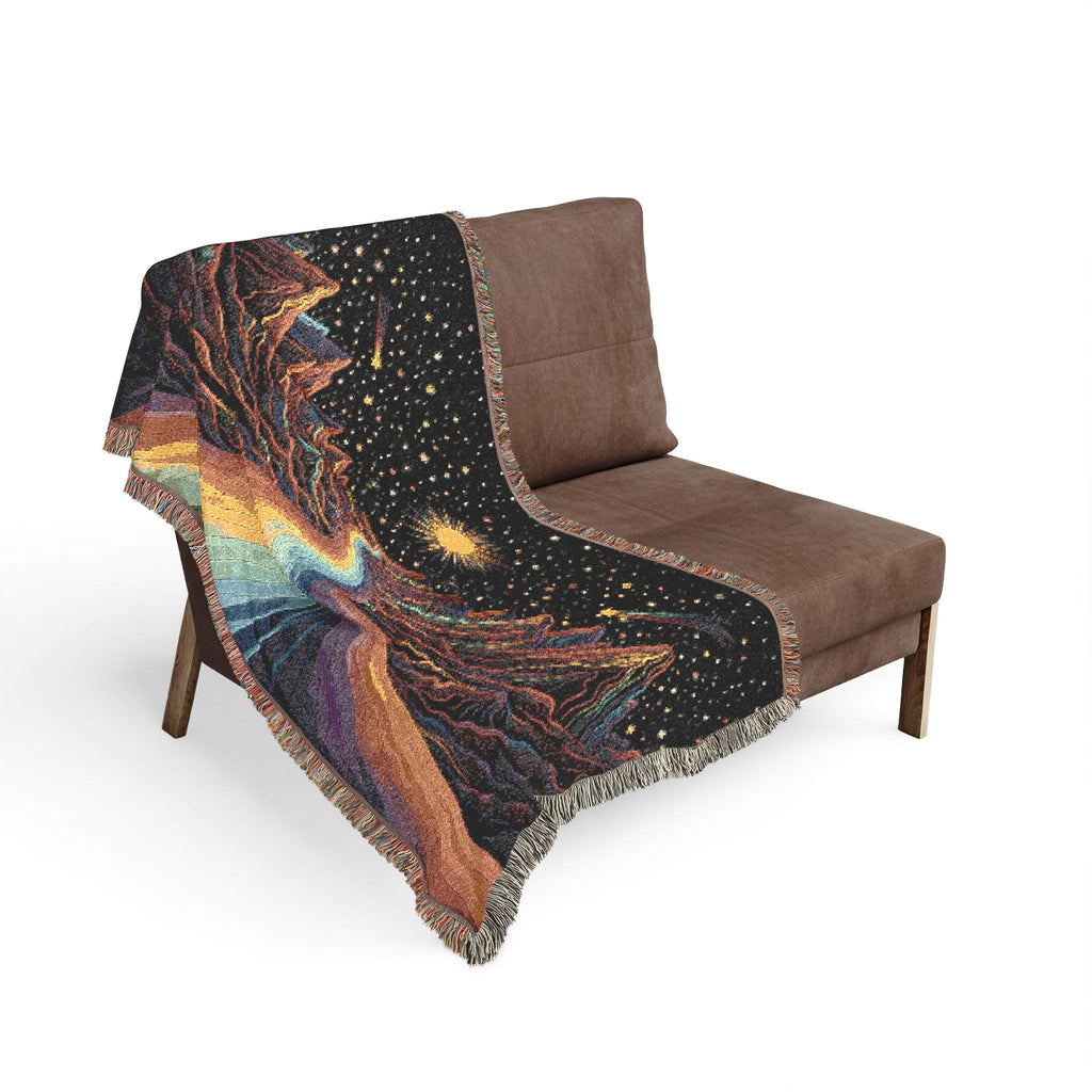 Cosmic Rainbow River Woven Blanket | Starry Night Mountain Tapestry Throw