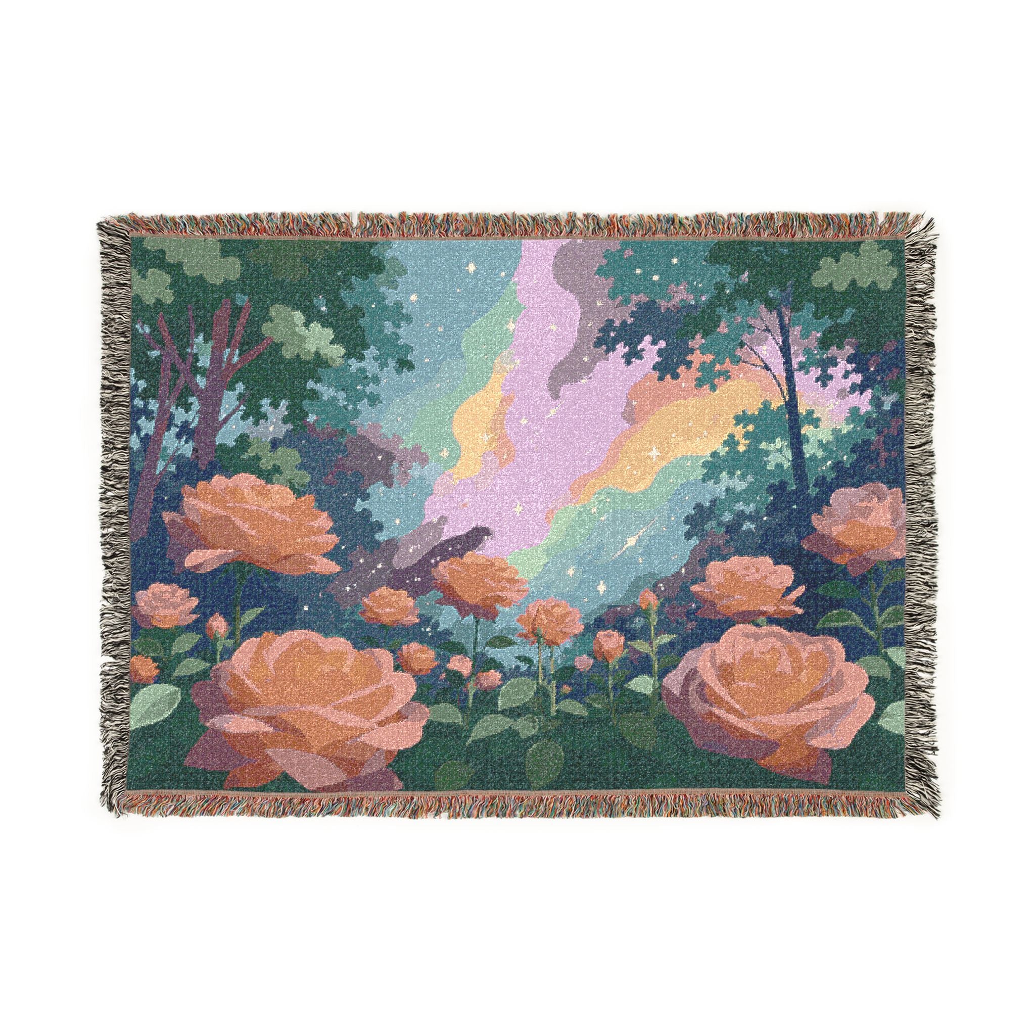 Sunset Rose Meadow Woven Blanket | Floral Landscape Throw