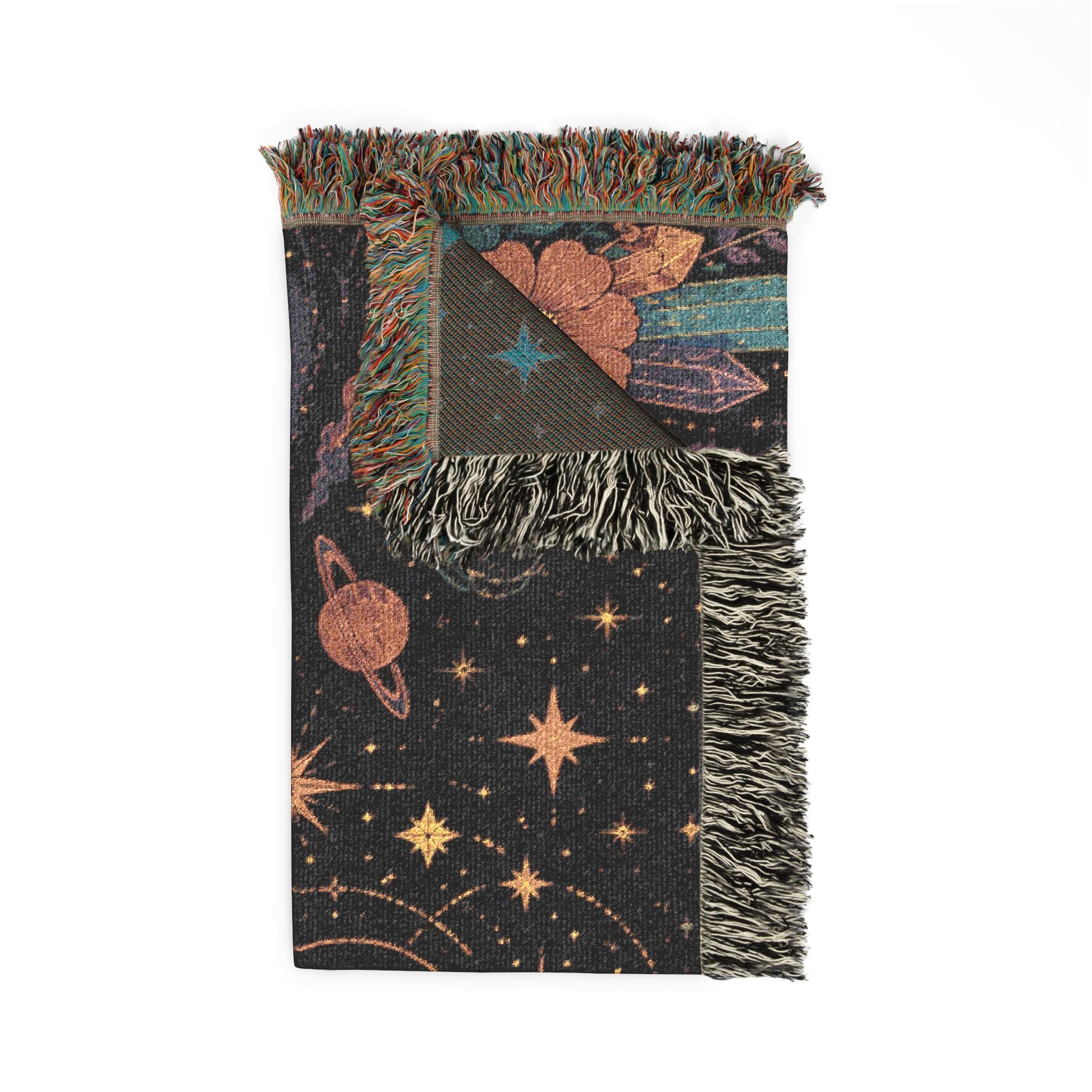 Celestial Moon Phases Woven Blanket | Sun, Stars & Floral Tapestry Throw