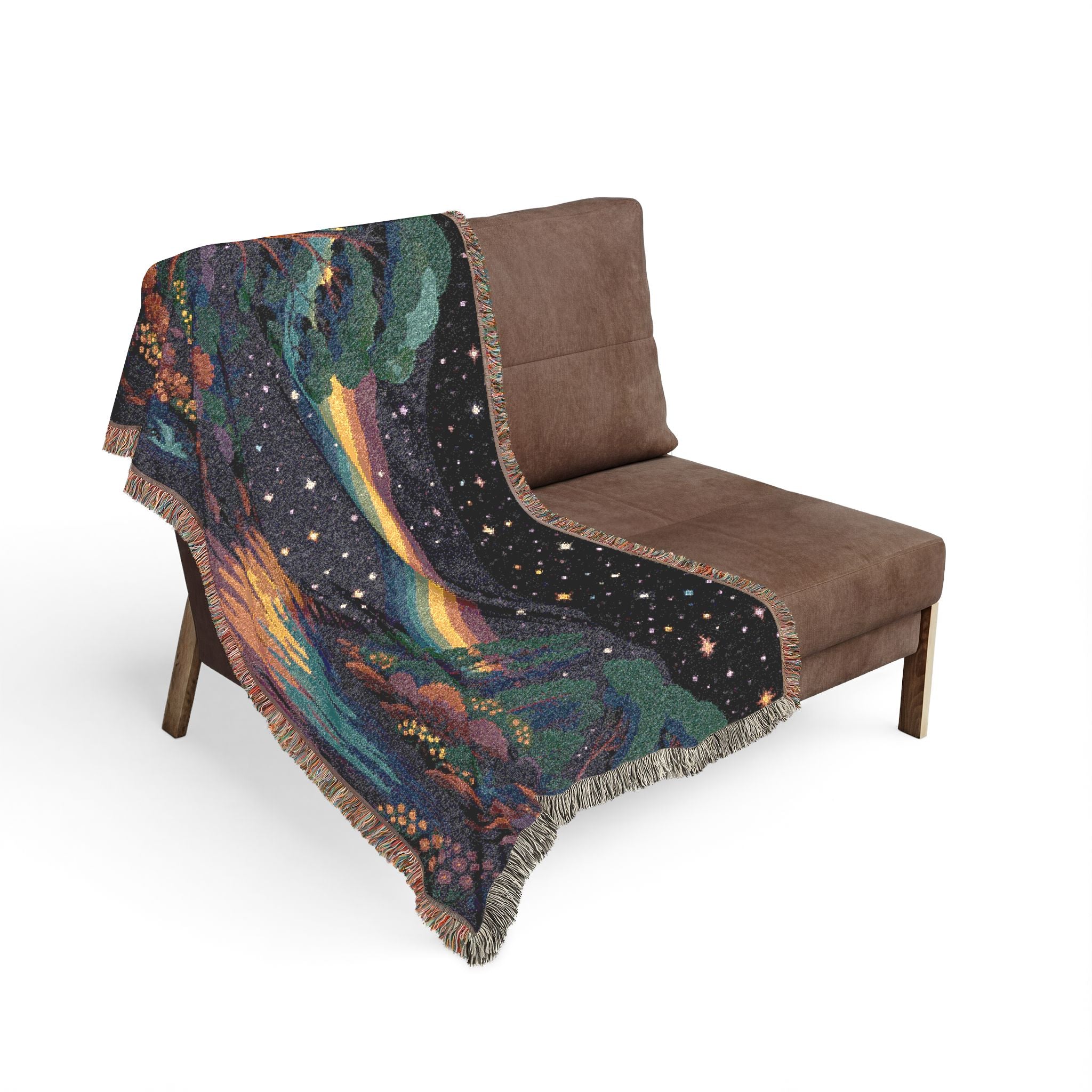 Pixel Rainbow Nightscape Woven Blanket | Starry Lake Scenic Throw