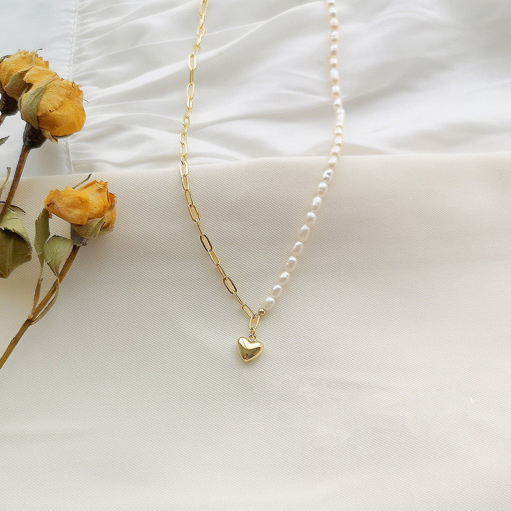 14K Gold Heart Pendant with Freshwater Pearl Necklace