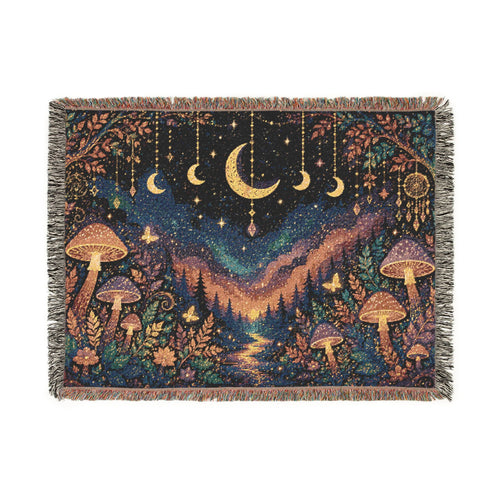 Moonlit Mushroom Forest Woven Tapestry Blanket