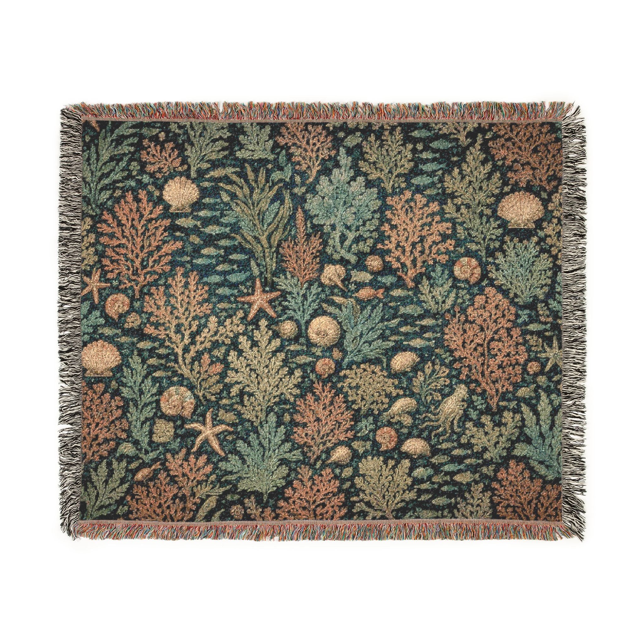 Vintage Sealife Floral Tapestry Woven Blanket | Botanical Throw, Earth Tones