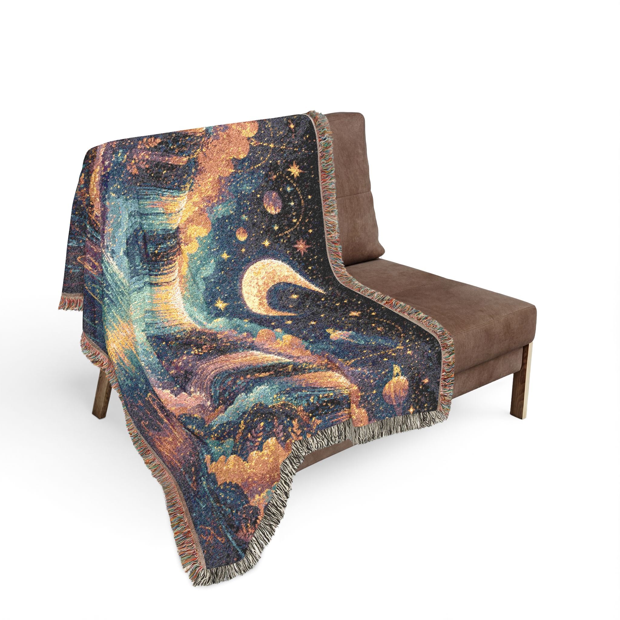 Celestial Moon Waterfall Woven Blanket | Night Sky Tapestry Throw