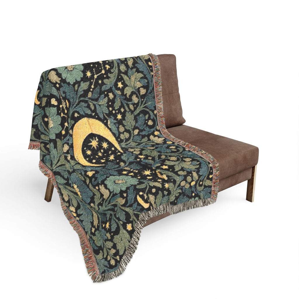 Crescent Moon Floral Woven Blanket | Starry Night Tapestry Throw