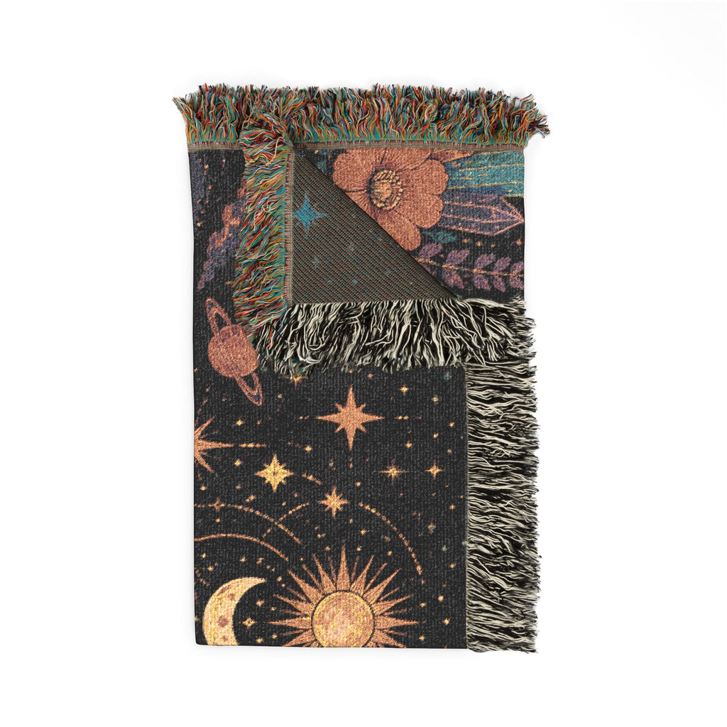 Celestial Moon Phases Woven Blanket | Sun, Stars & Floral Tapestry Throw