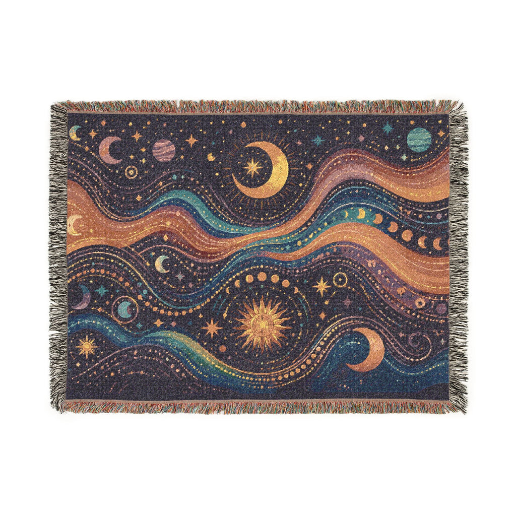 Celestial Waves Woven Blanket | Moon Stars Tapestry Throw