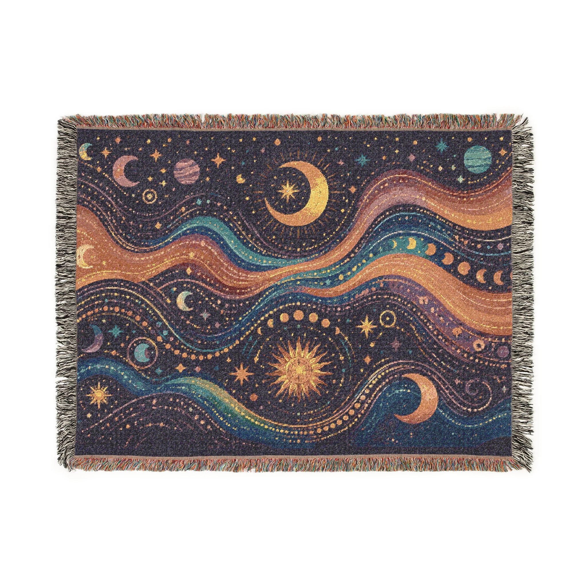 Celestial Waves Woven Blanket | Moon Stars Tapestry Throw