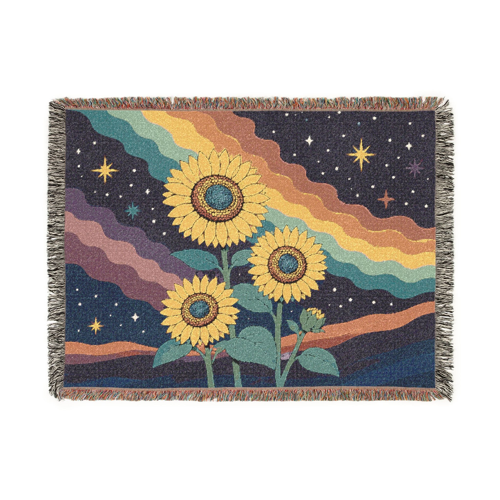 Sunflower Nightscape Woven Blanket | Retro Celestial Tapestry