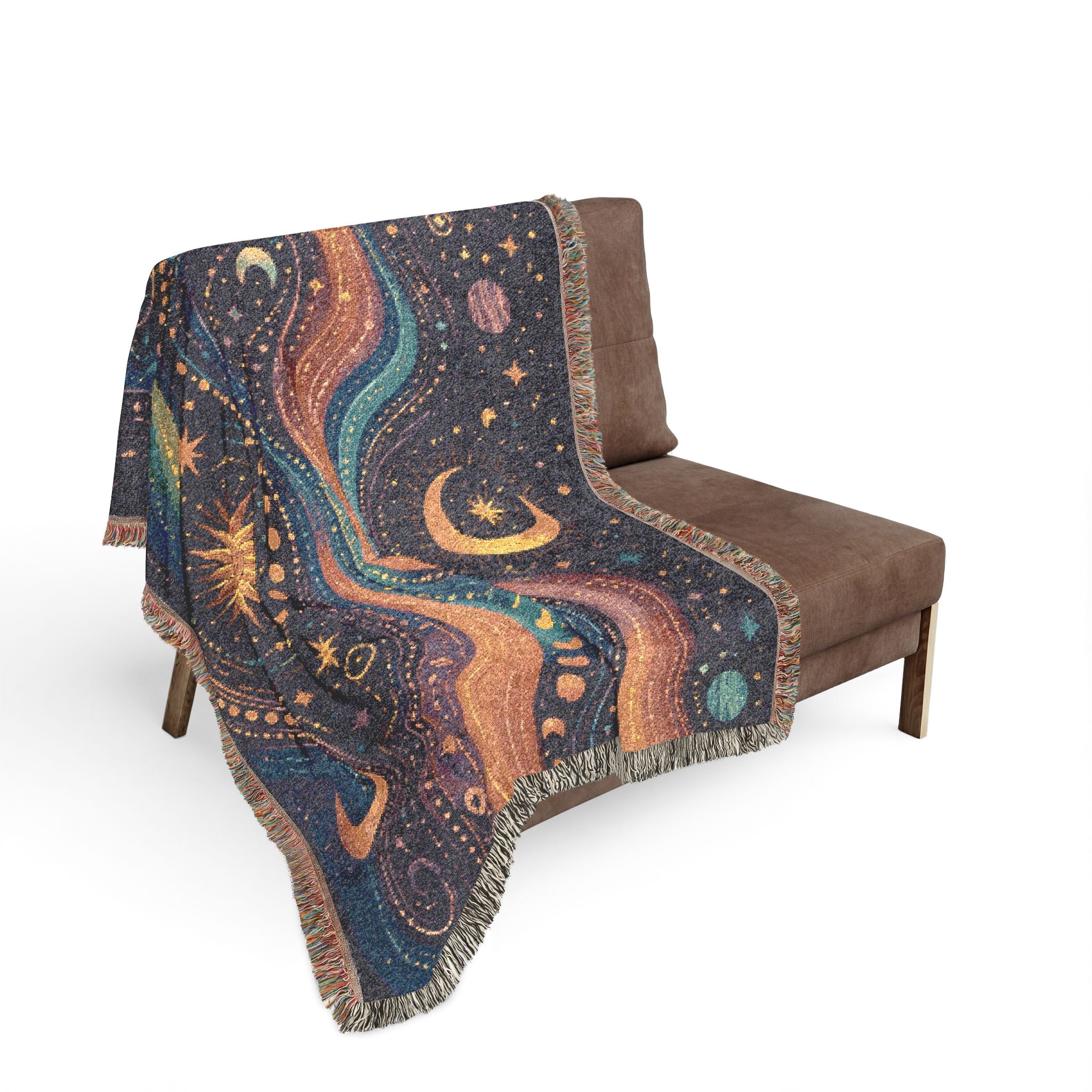 Celestial Waves Woven Blanket | Moon Stars Tapestry Throw