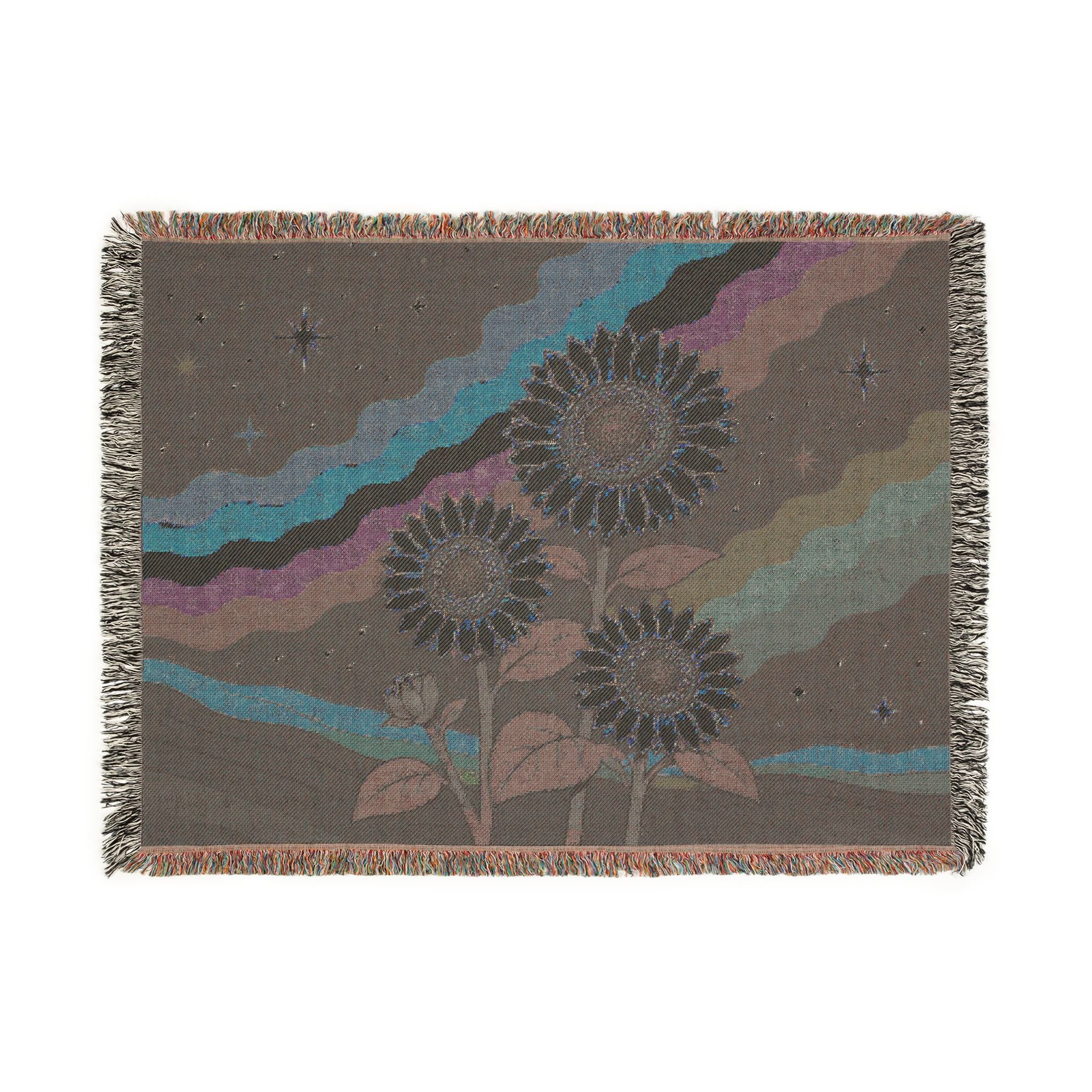 Sunflower Nightscape Woven Blanket | Retro Celestial Tapestry