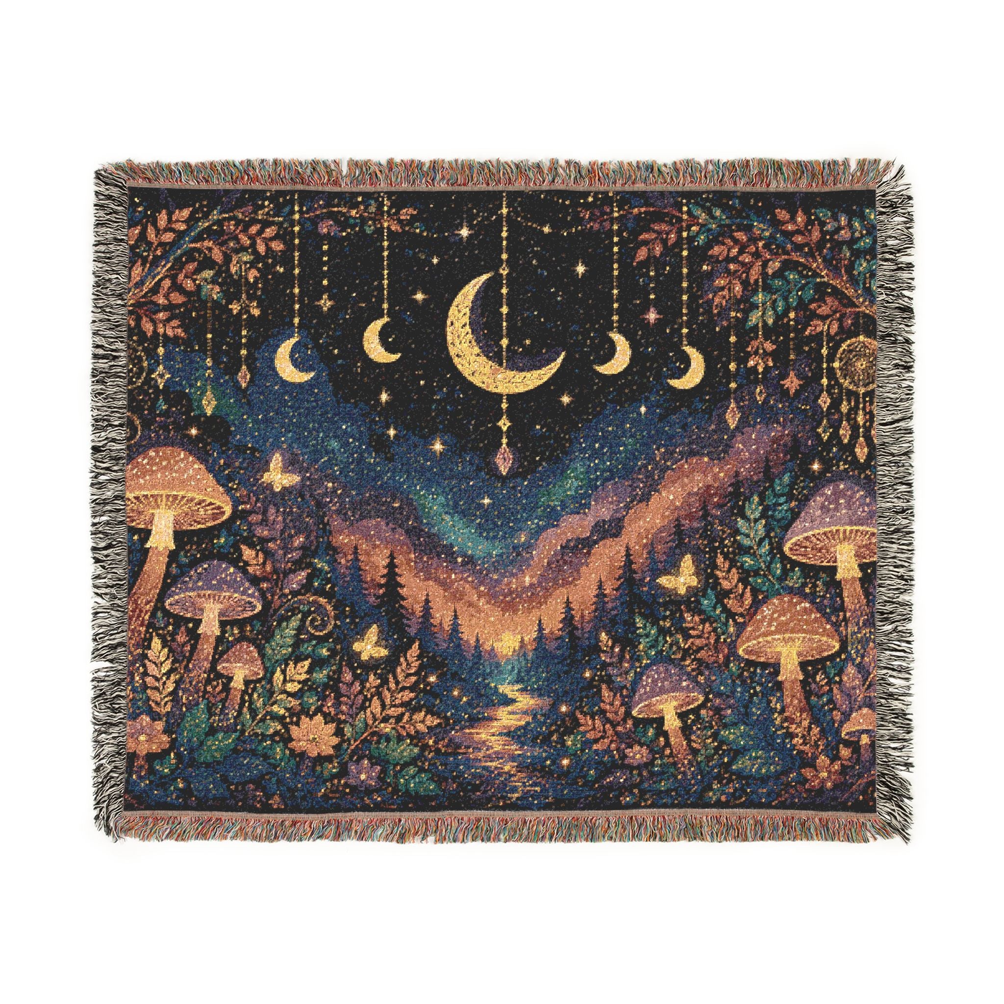 Moonlit Mushroom Forest Woven Blanket | Celestial Nightscape Tapestry
