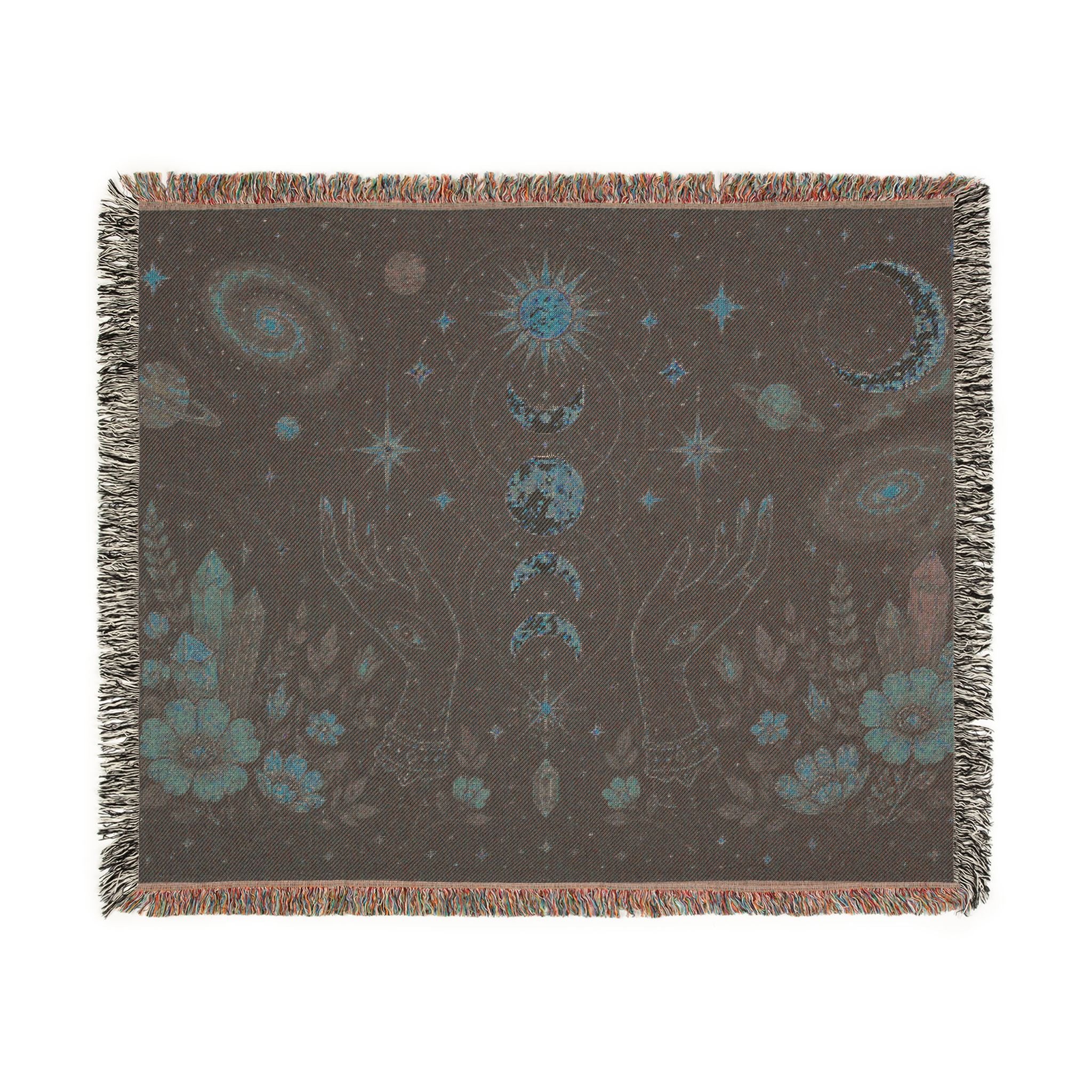 Celestial Moon Phases Woven Blanket | Sun, Stars & Floral Tapestry Throw