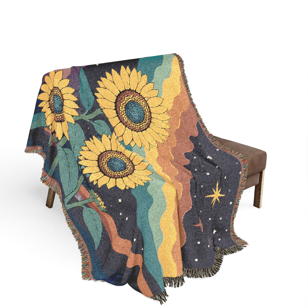 Sunflower Nightscape Woven Blanket | Retro Celestial Tapestry