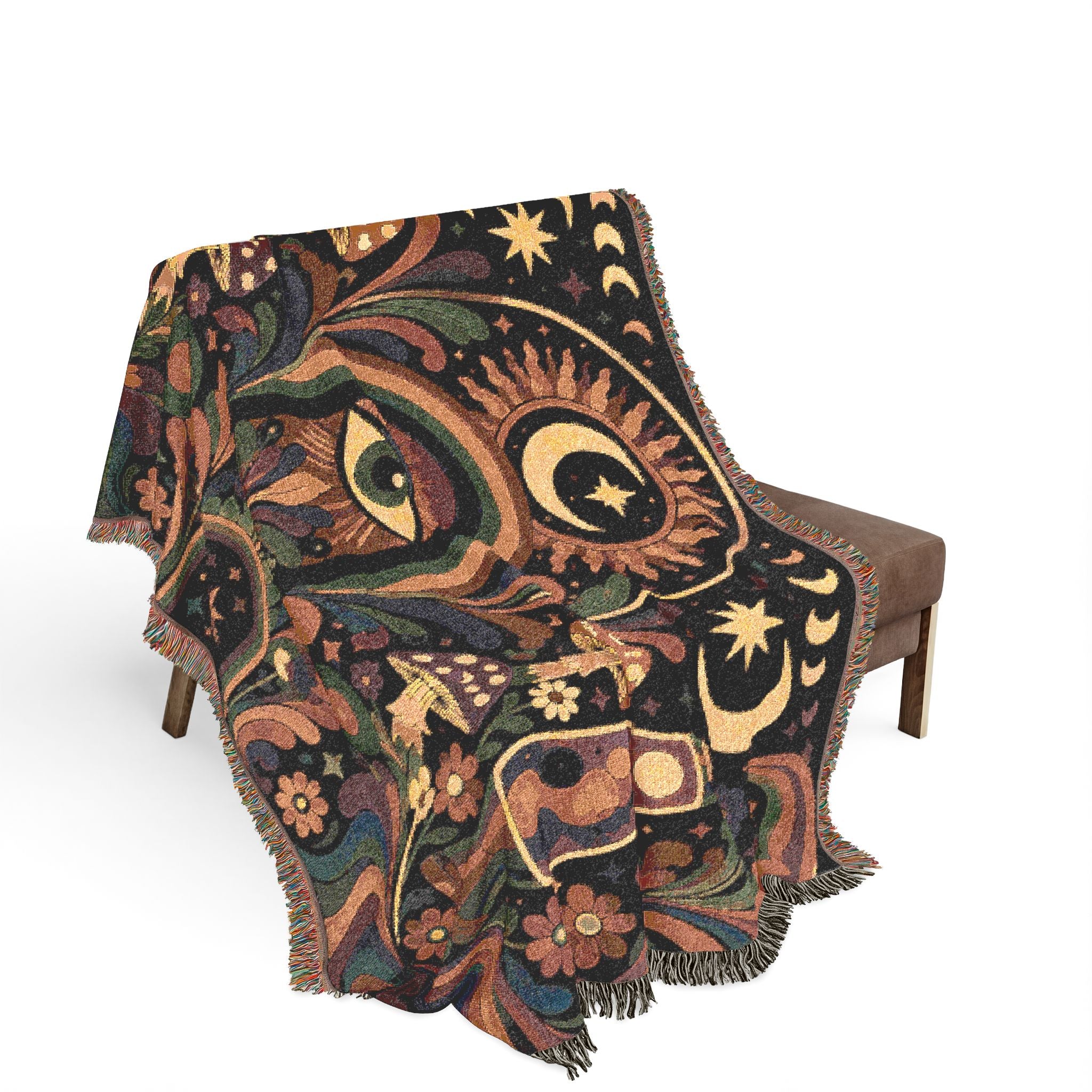 Celestial Moon Eye Woven Blanket | Mystic Boho Tapestry Throw