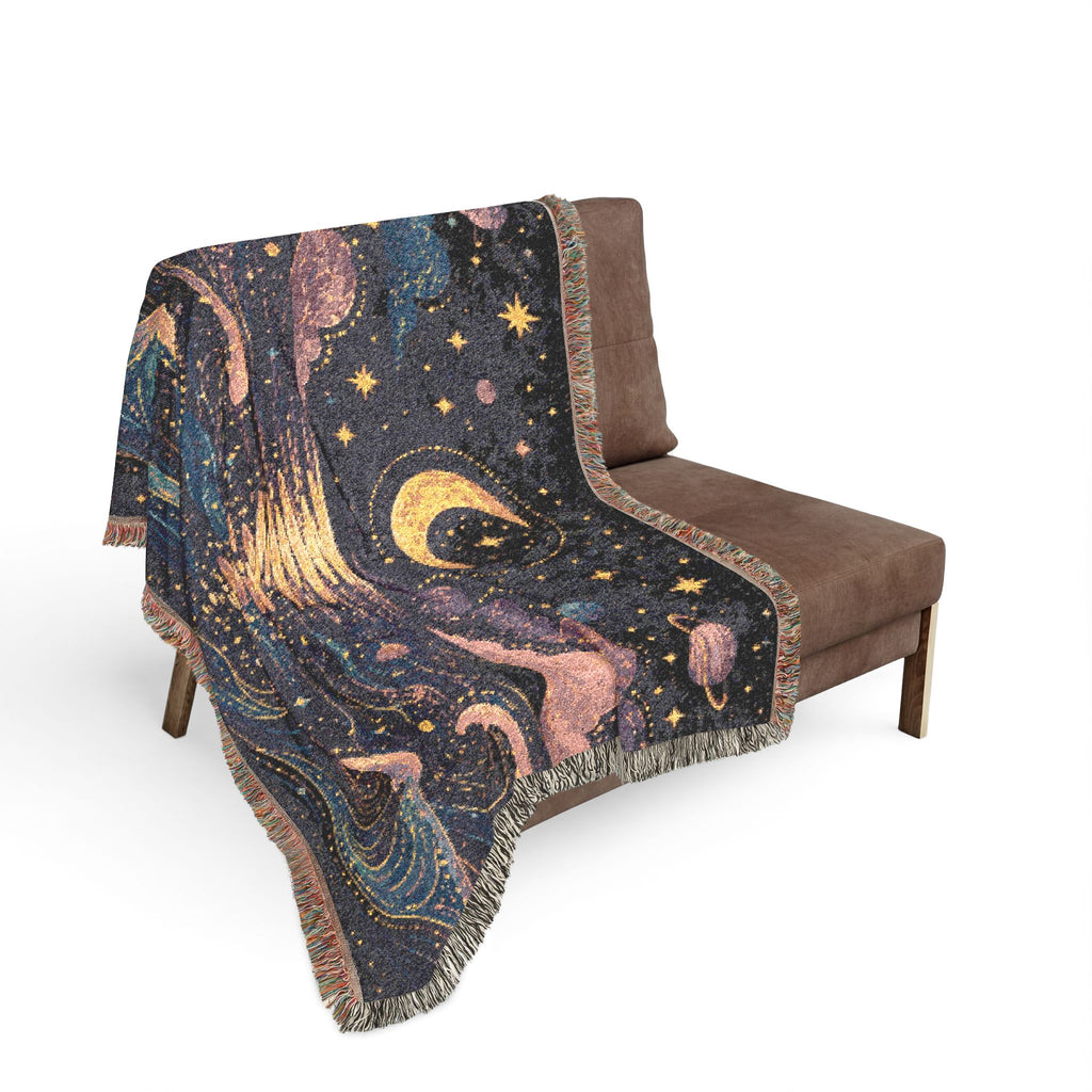 Crescent Moon Over Ocean Woven Blanket | Starry Night Tapestry Throw