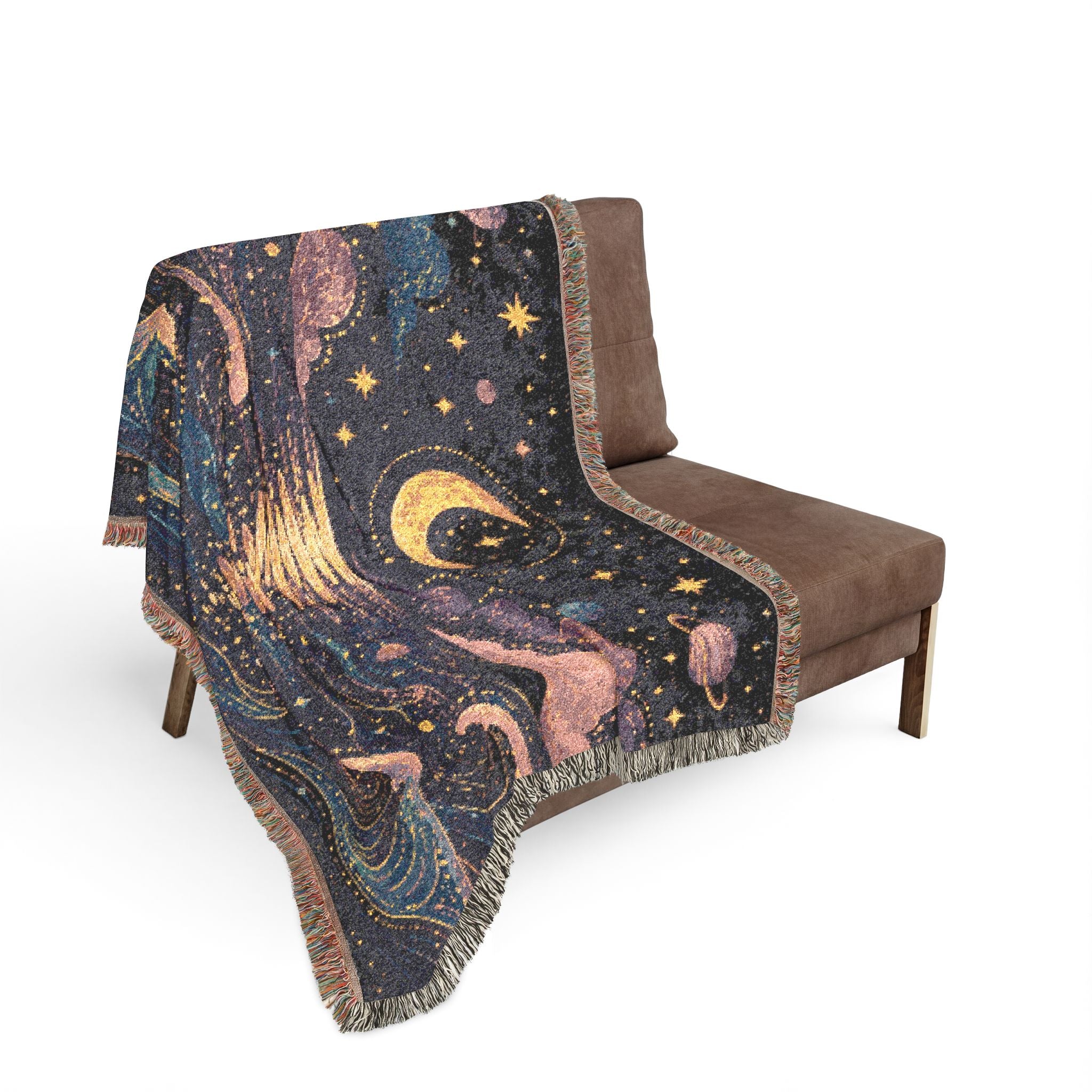 Crescent Moon Over Ocean Woven Blanket | Starry Night Tapestry Throw