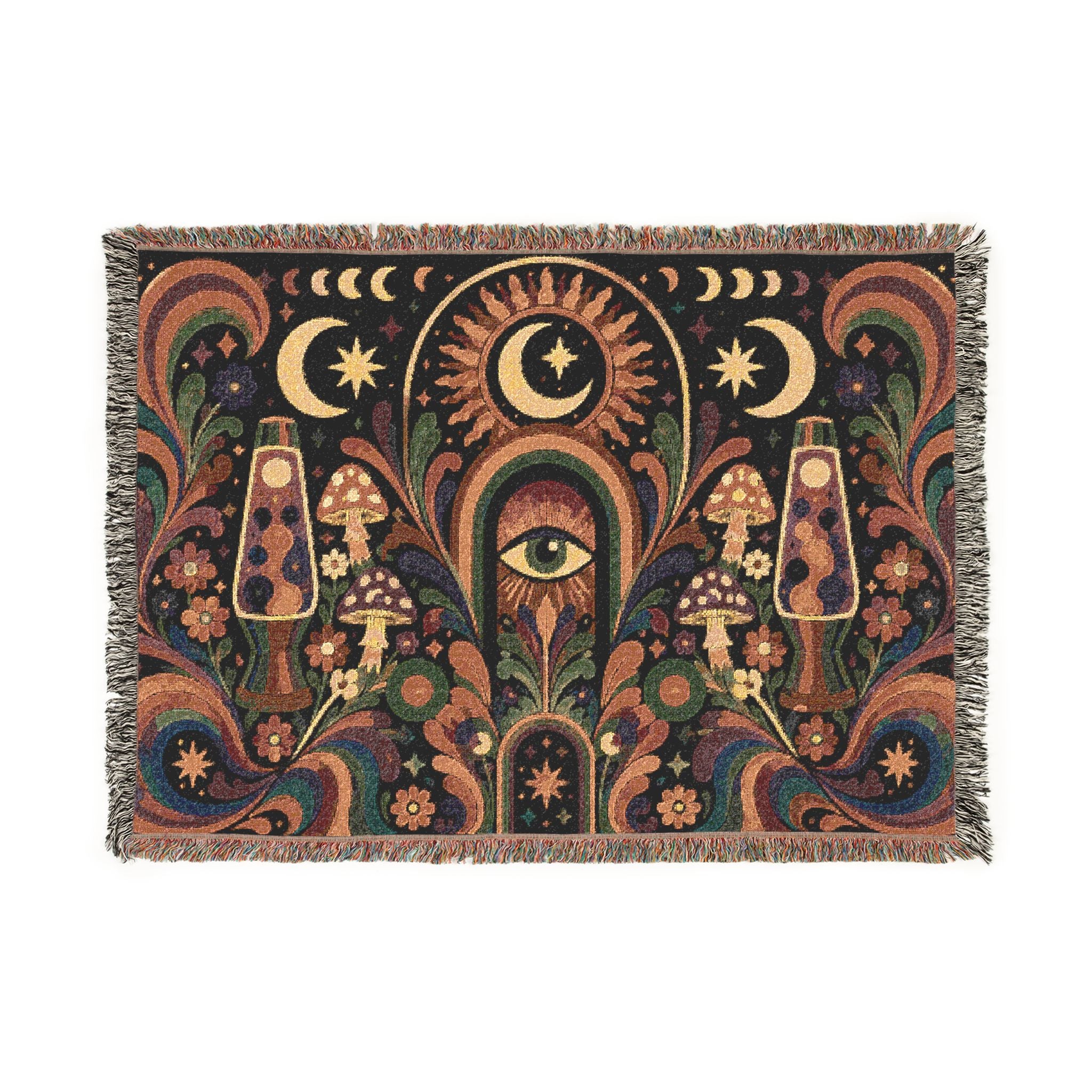 Celestial Moon Eye Woven Blanket | Mystic Boho Tapestry Throw