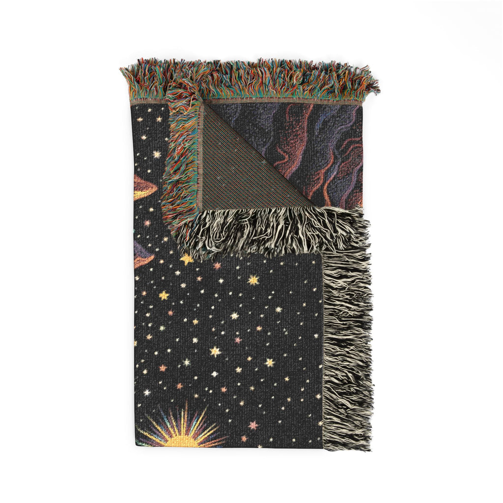 Cosmic Rainbow River Woven Blanket | Starry Night Mountain Tapestry Throw