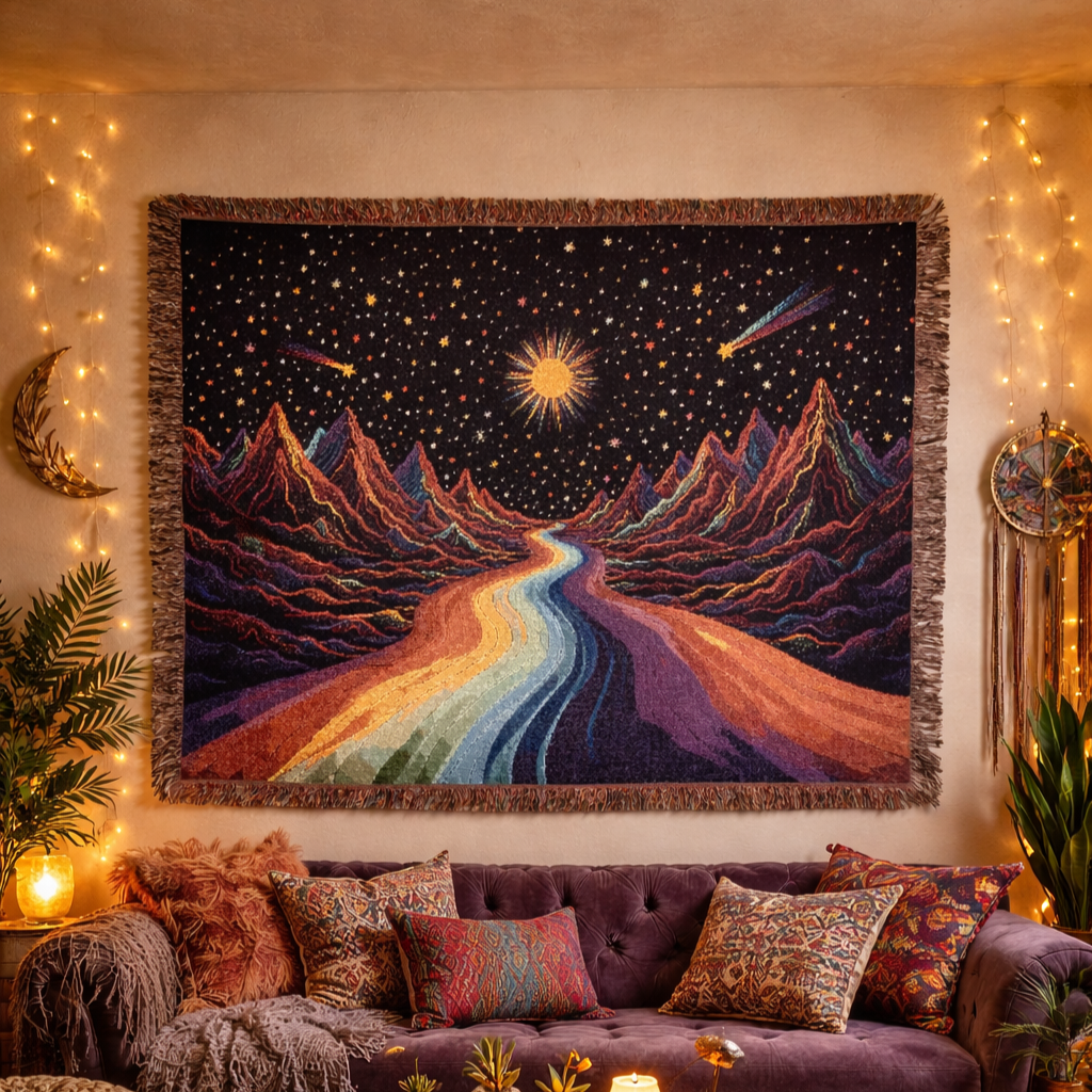 Cosmic Rainbow River Woven Blanket | Starry Night Mountain Tapestry Throw