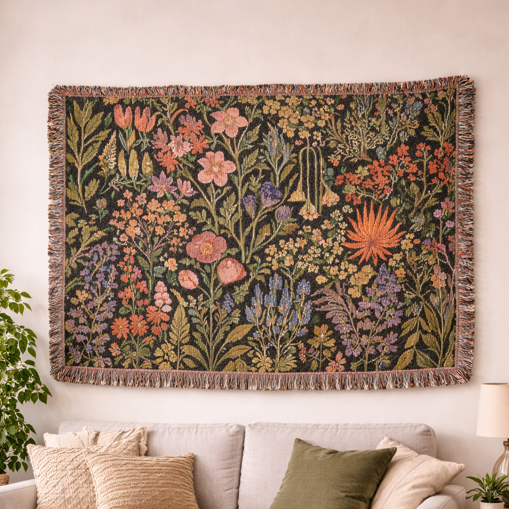 Vintage Floral Tapestry Woven Blanket | Botanical Garden Throw