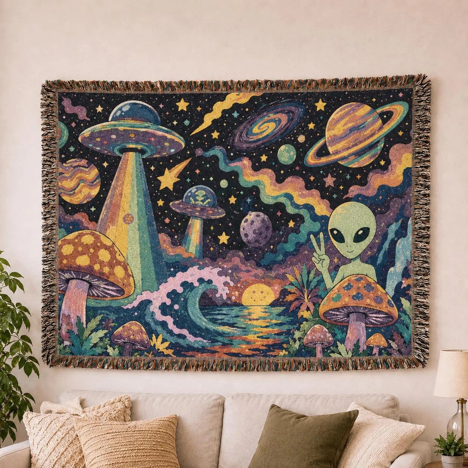 Psychedelic Alien Mushroom Scene Woven Blanket | Space UFO Tapestry Throw