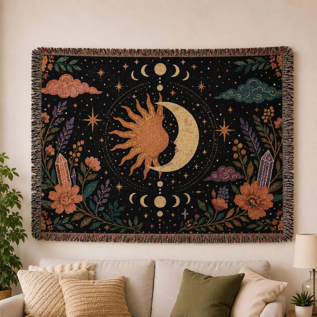 Sun and Moon Celestial Woven Blanket | Boho Astrology Throw