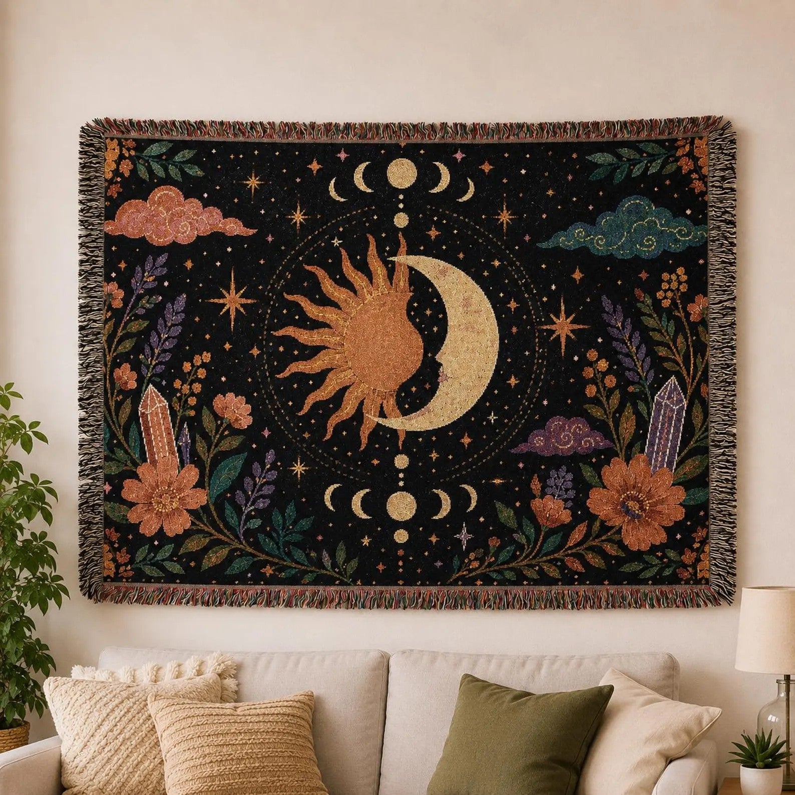 Sun and Moon Celestial Woven Blanket | Boho Astrology Throw