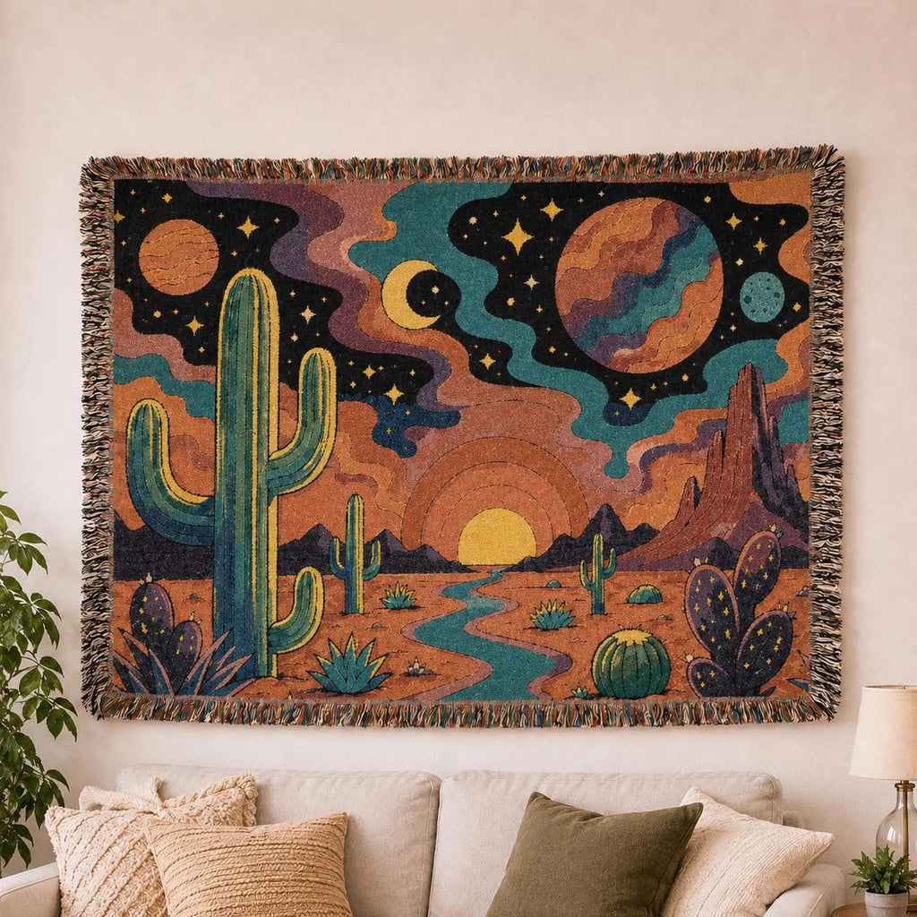 Desert Sunset Cosmic Landscape Woven Blanket | Southwestern Cactus Tapestry