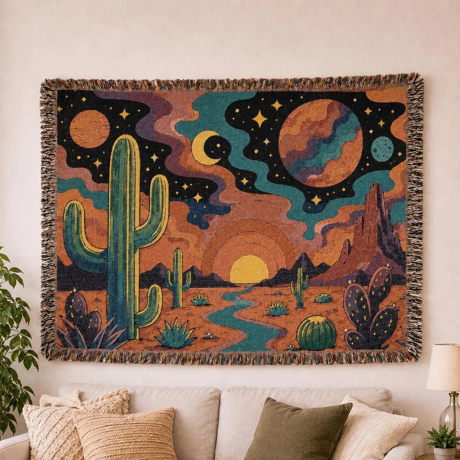 Desert Sunset Cosmic Landscape Woven Blanket | Southwestern Cactus Tapestry