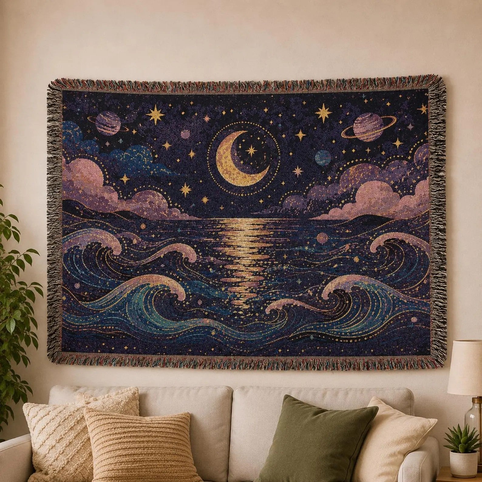 Crescent Moon Over Ocean Woven Blanket | Starry Night Tapestry Throw