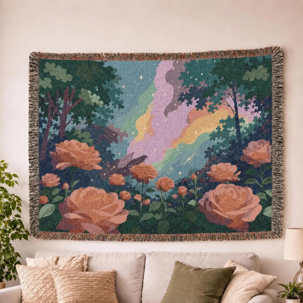 Sunset Rose Meadow Woven Blanket | Floral Landscape Throw