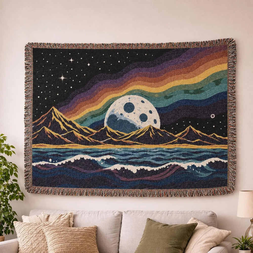 Rainbow Moon Landscape Woven Blanket | Mountain Night Sky Tapestry
