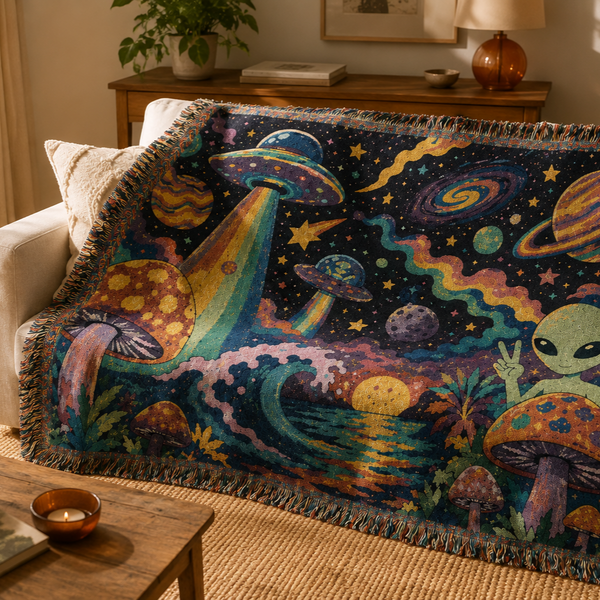Psychedelic Alien Mushroom Scene Woven Tapestry Blanket