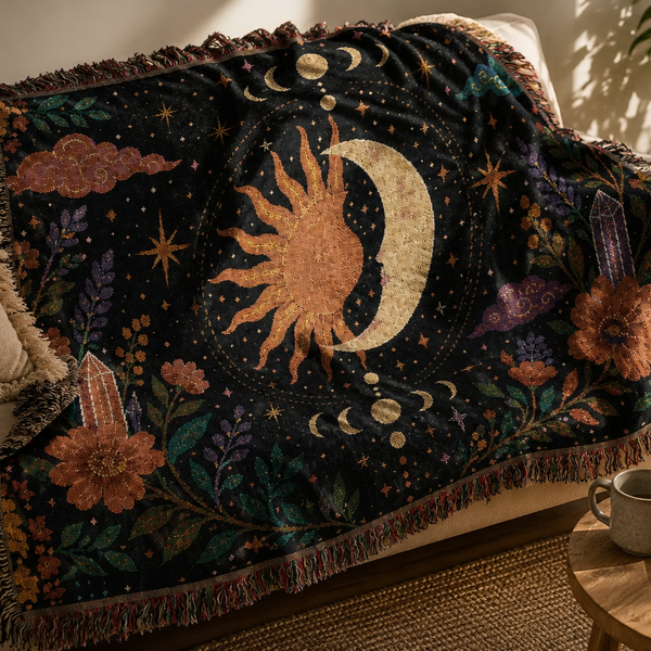 Sun and Moon Celestial Woven Tapestry Blanket