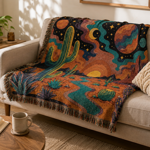 Desert Sunset Cosmic Landscape Woven Tapestry Blanket